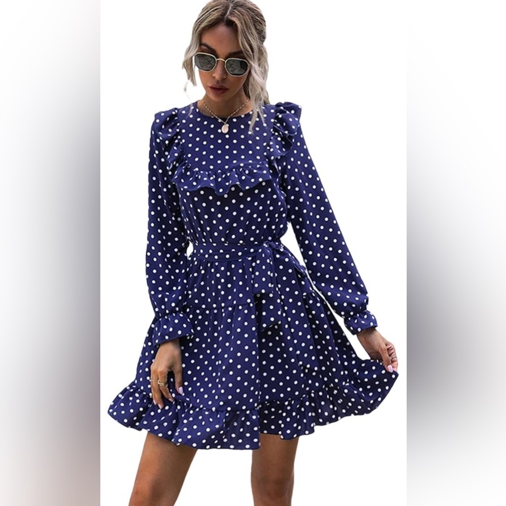 GYK Blue Polka Dot Ruffle Mini Dress Medium Cottagecore Coquette with Tie Belt